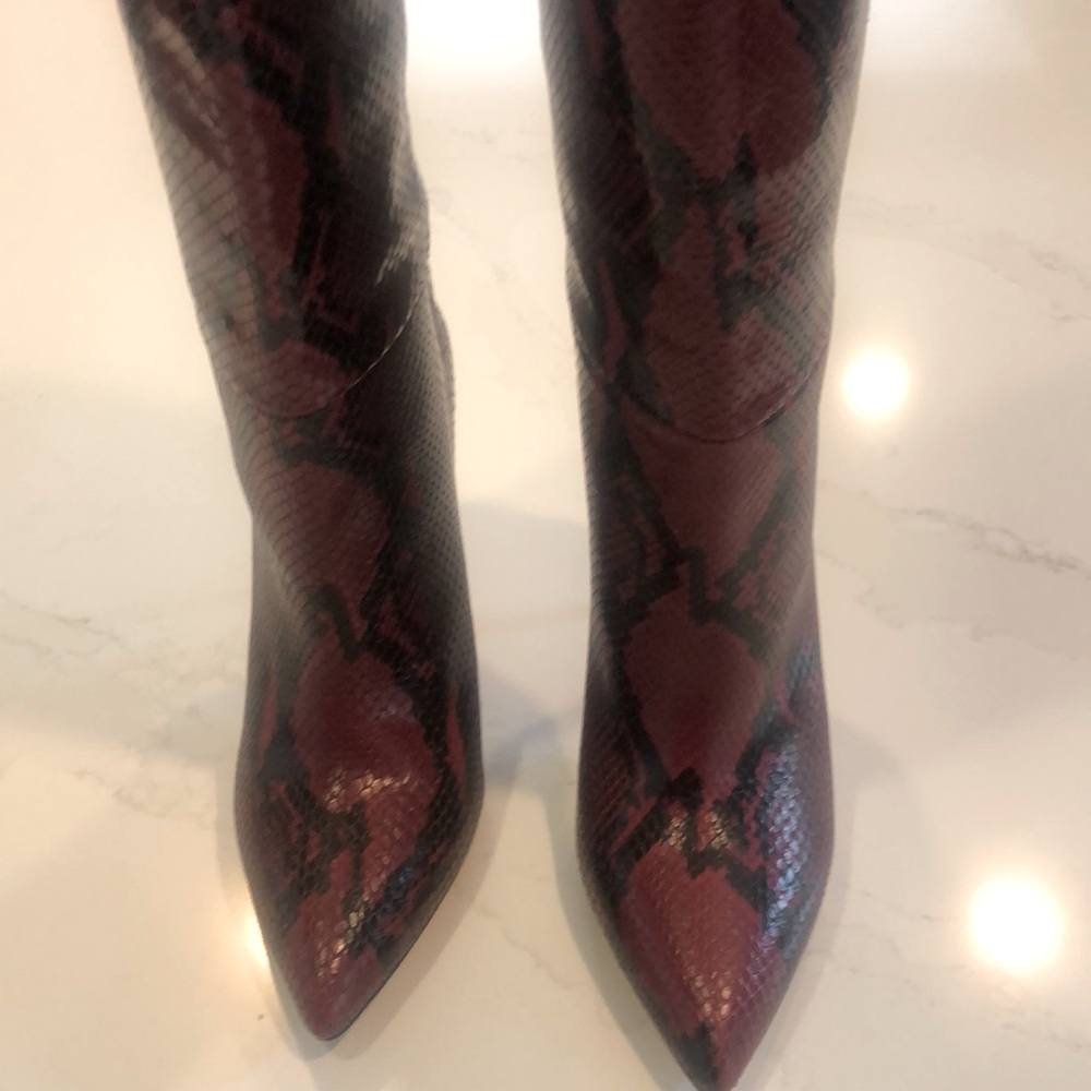 Paris Texas tall snakeskin-effect high heeled boots in burgundy. Size 39